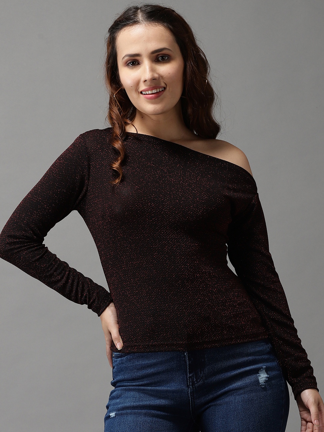 

SHOWOFF Women Maroon Embellished One Shoulder Top