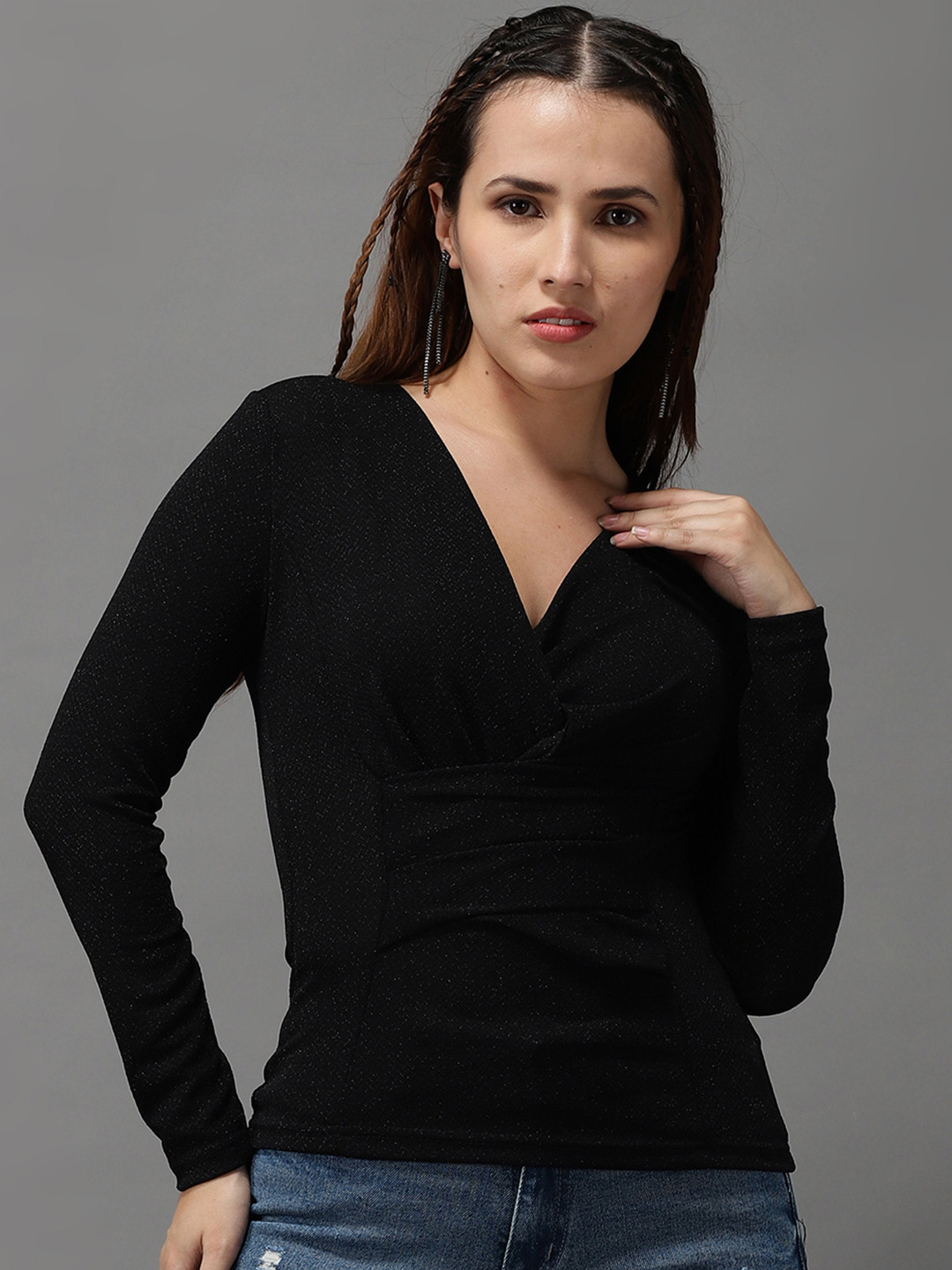 

SHOWOFF Women Black Solid V-Neck Long Sleeves Top