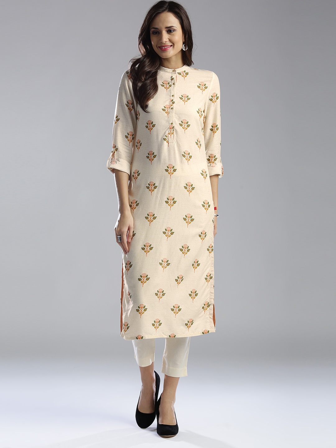 

W Women Cream-Coloured & Orange Printed Straight Kurta