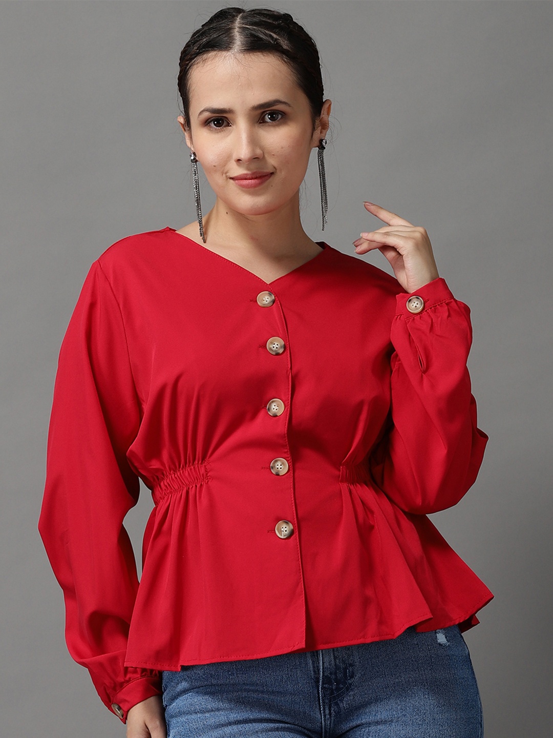

SHOWOFF Red Cinched Waist Top