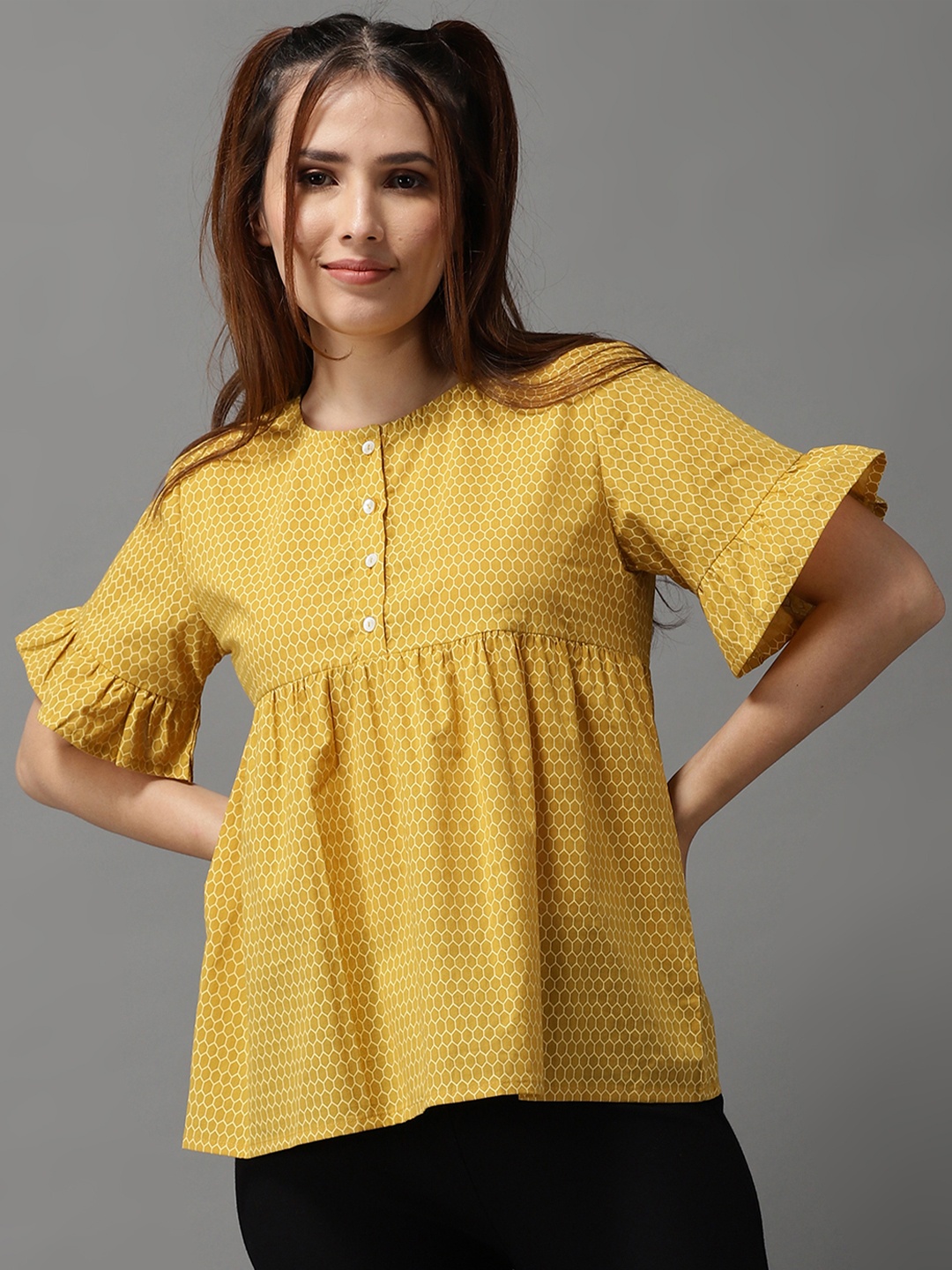 

SHOWOFF Mustard Yellow Geometric Print A-Line Top