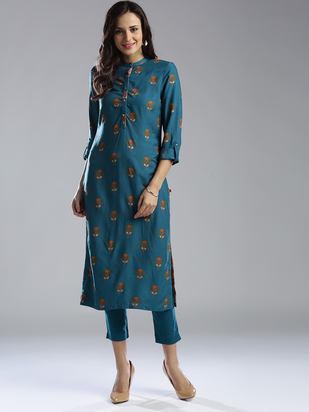 

W Women Teal Blue & Orange Printed Straight Kurta