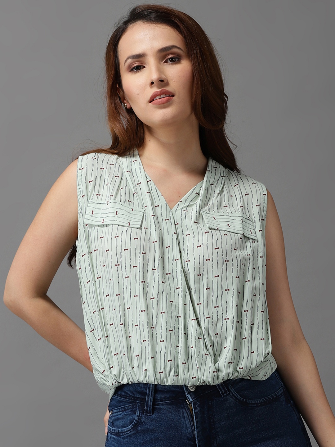

SHOWOFF Green & Maroon Print Crepe Shirt Style Top