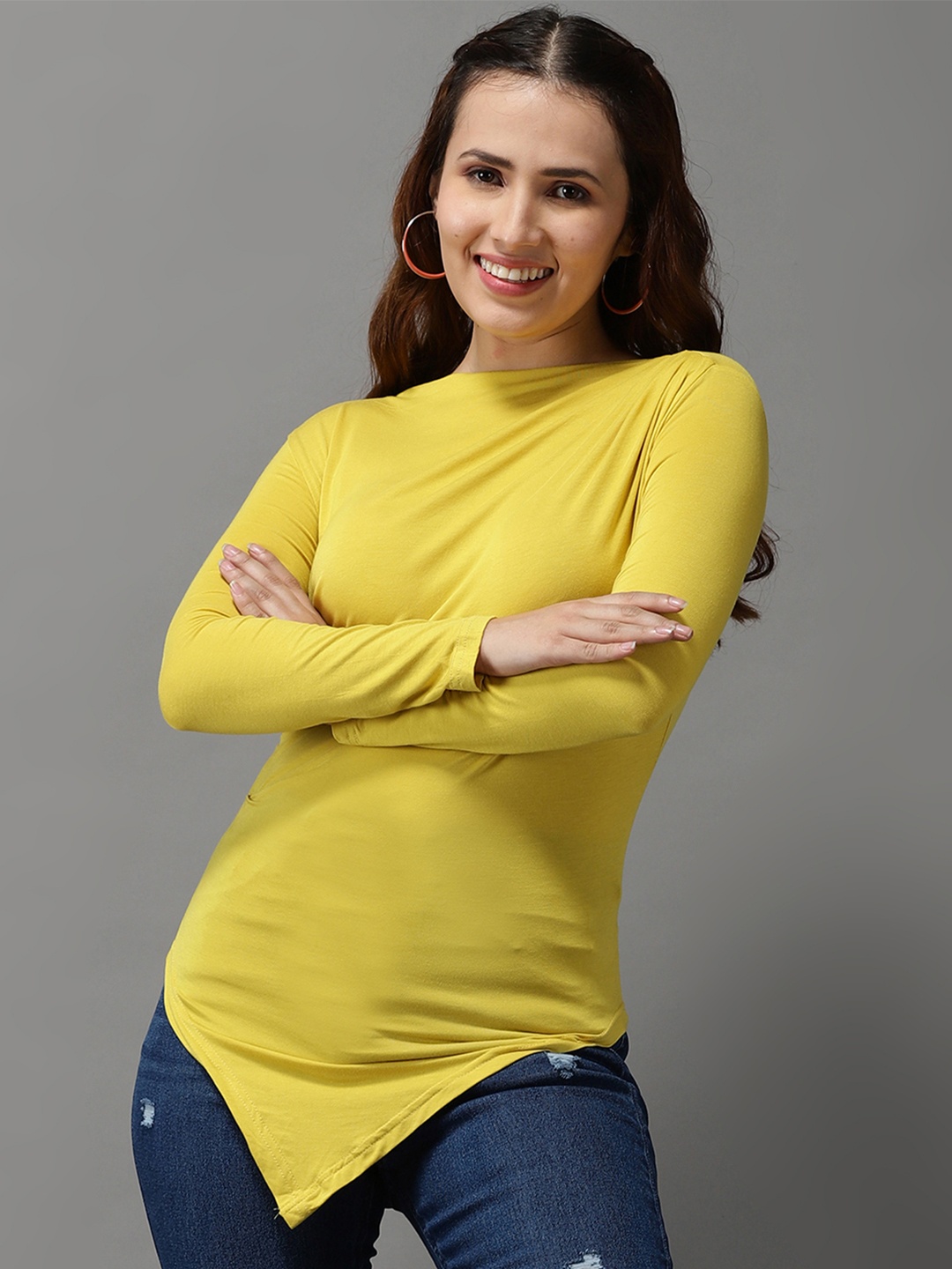 

SHOWOFF Women Yellow Solid High Neck Long Sleeves Top
