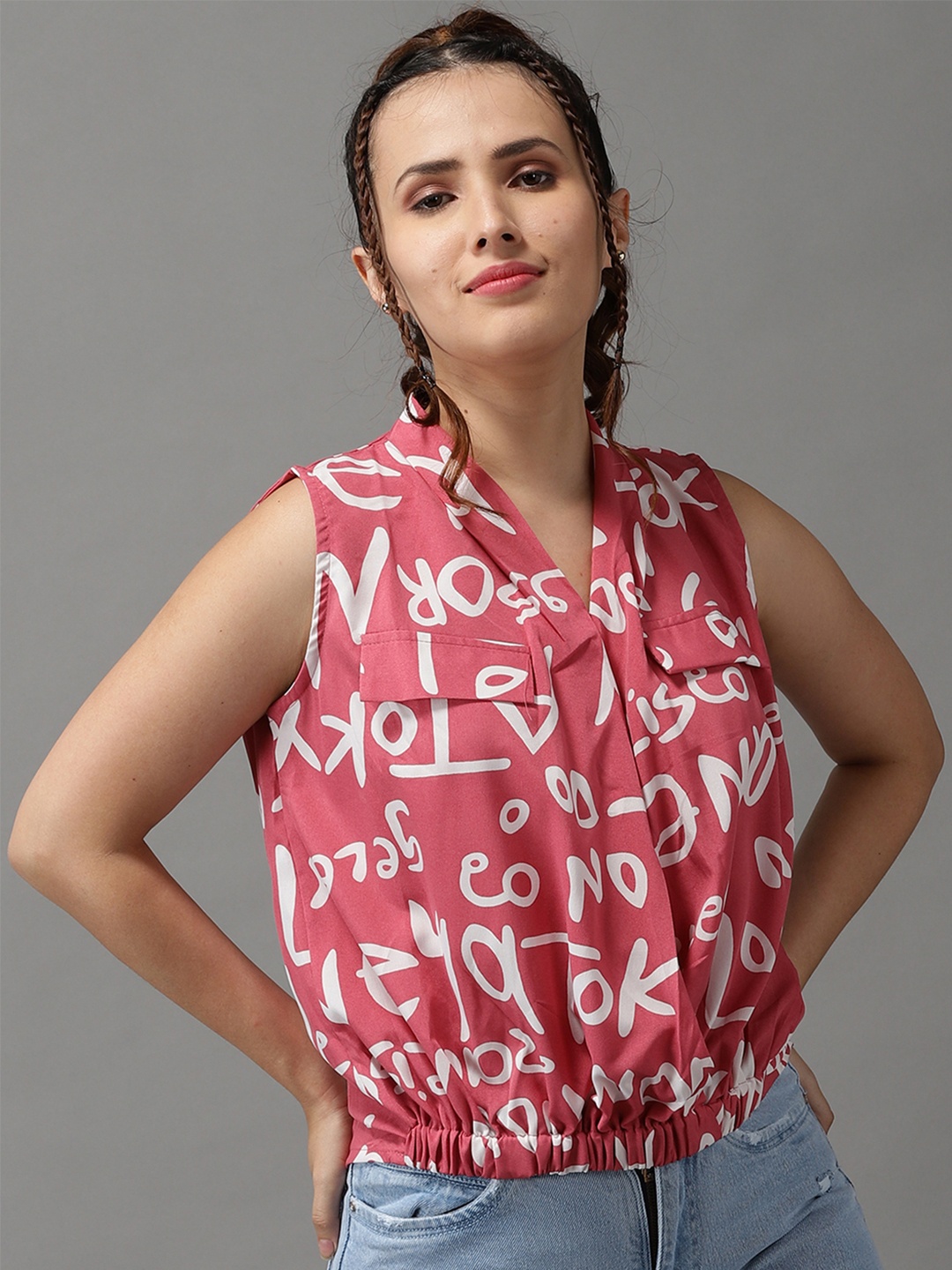 

SHOWOFF Pink & White Print Crepe Shirt Style Top
