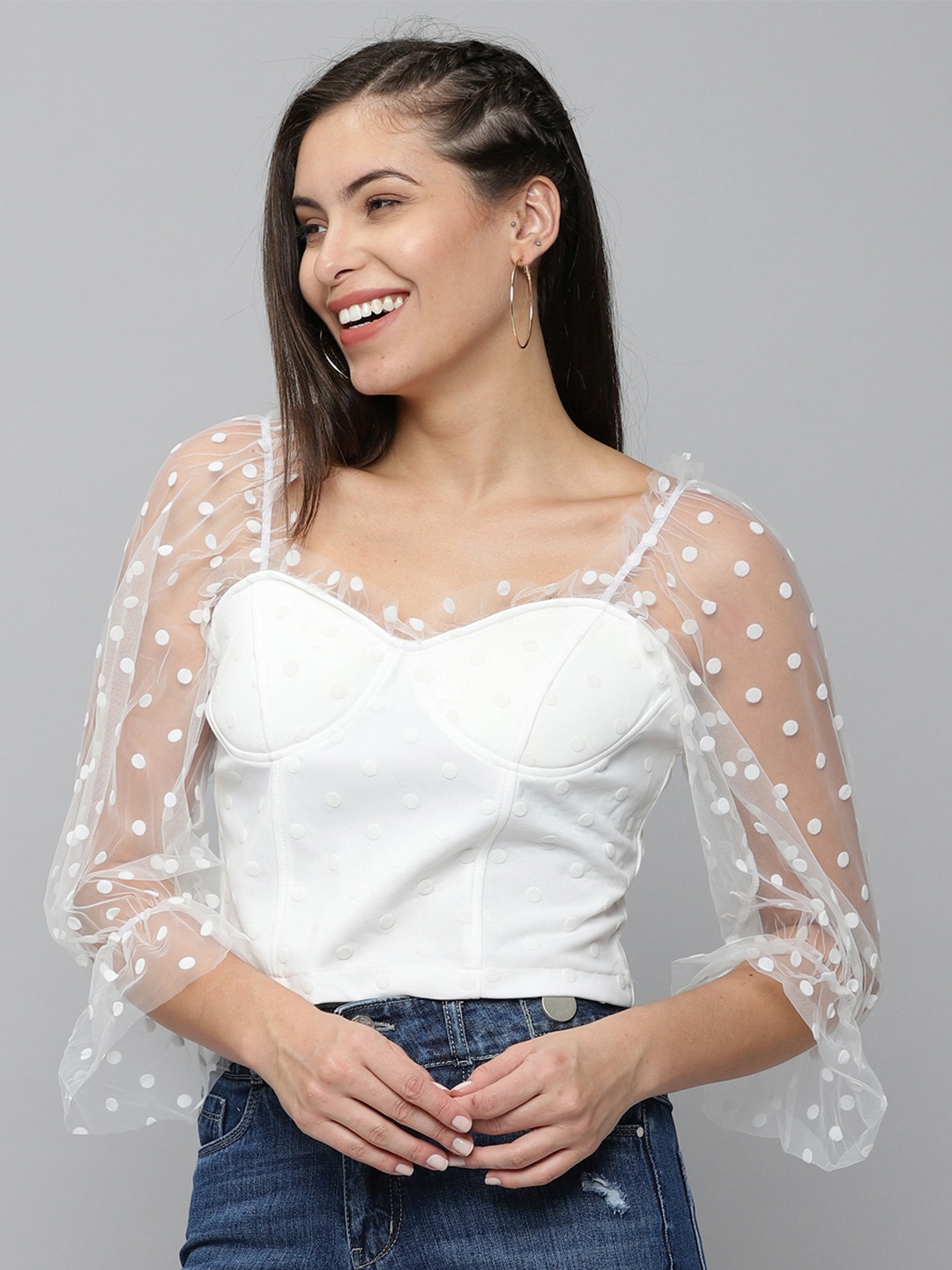 

SHOWOFF White Sweetheart Neck Ruffles Sheer Net Top