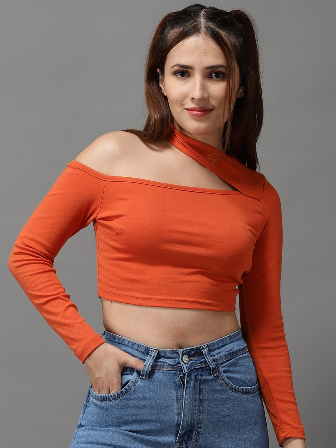 

SHOWOFF Orange Off-Shoulder Bardot Crop Top