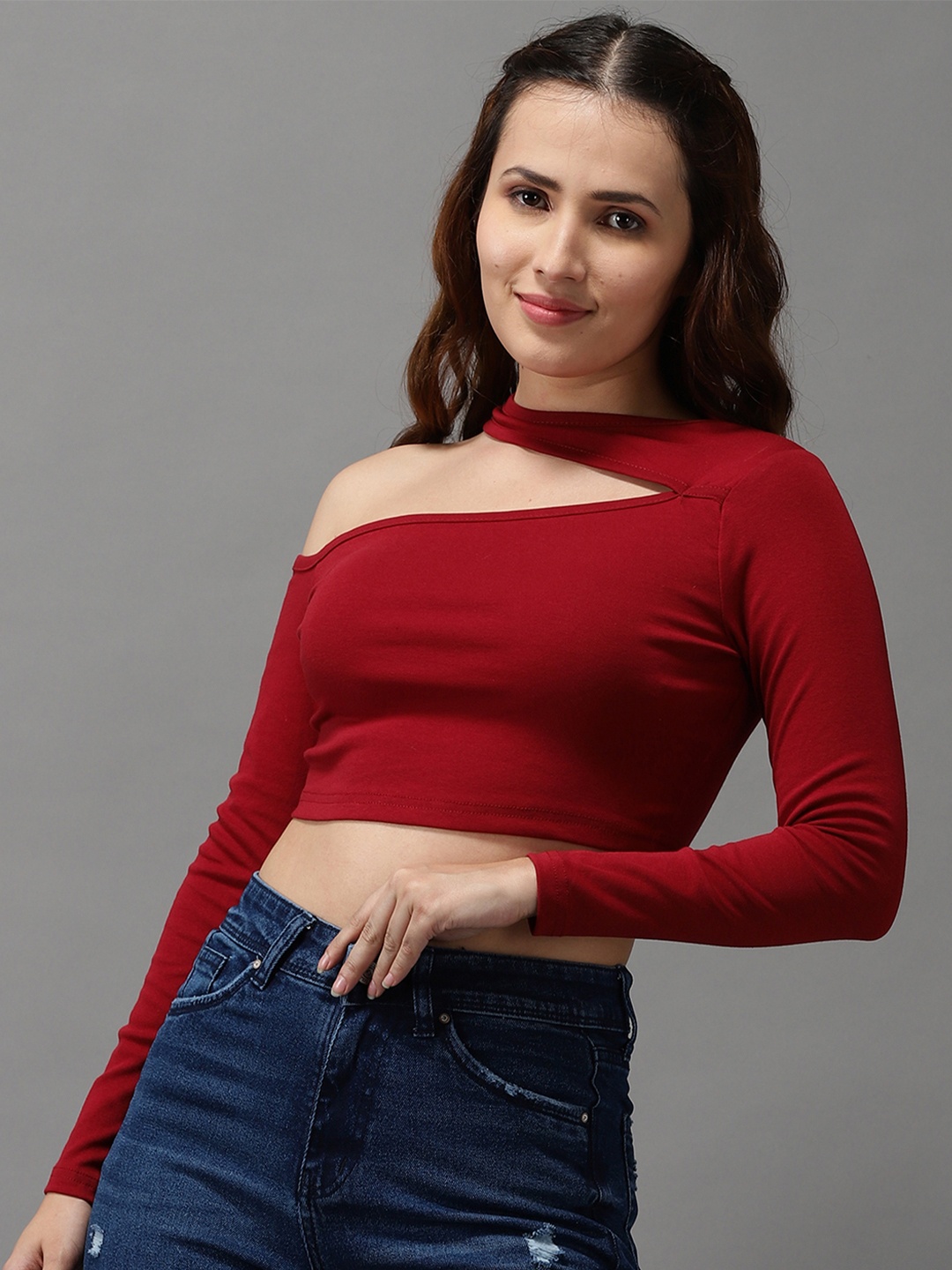 

SHOWOFF Maroon One Shoulder Crop Top