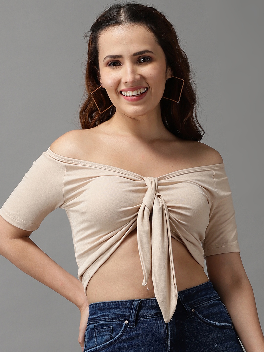 

SHOWOFF Beige Off-Shoulder Bardot Crop Top