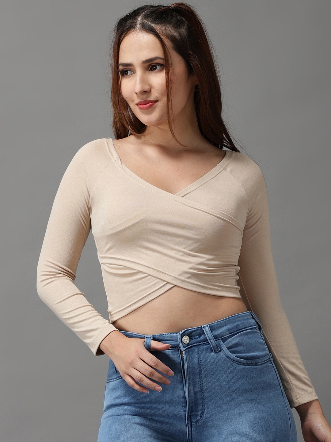 

SHOWOFF Beige Wrap Crop Top