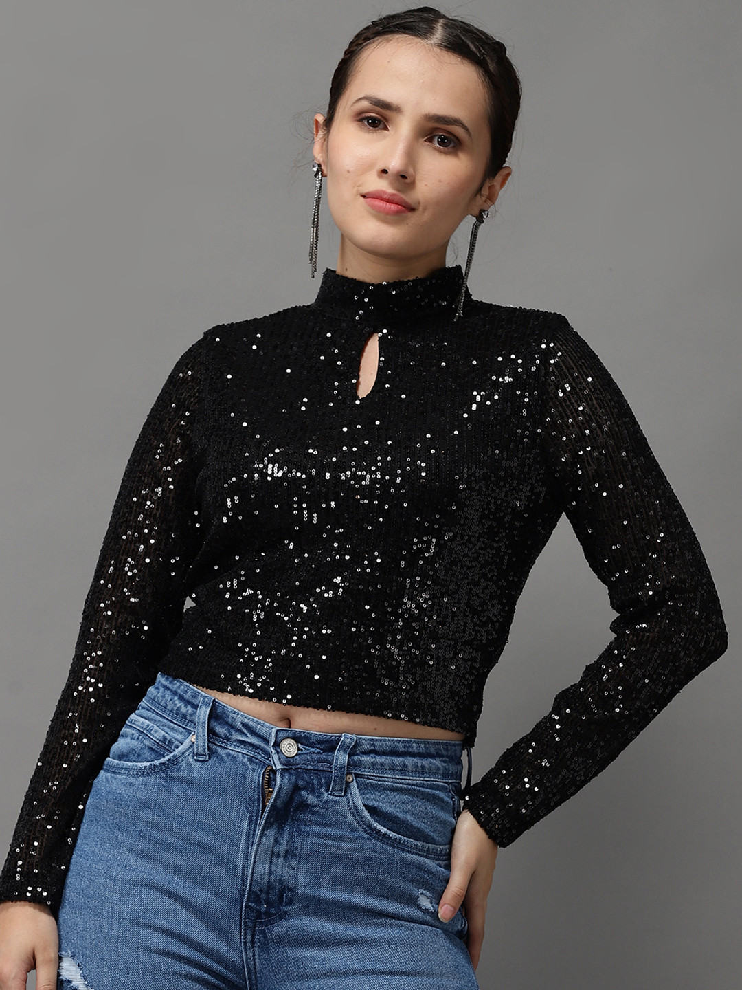 

SHOWOFF Black Embellished Keyhole Neck Net Crop Top
