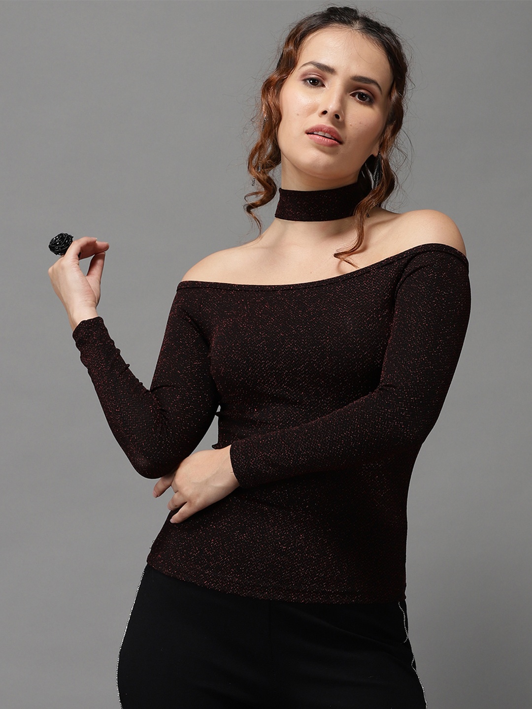 

SHOWOFF Maroon & Black Off-Shoulder Bardot Top