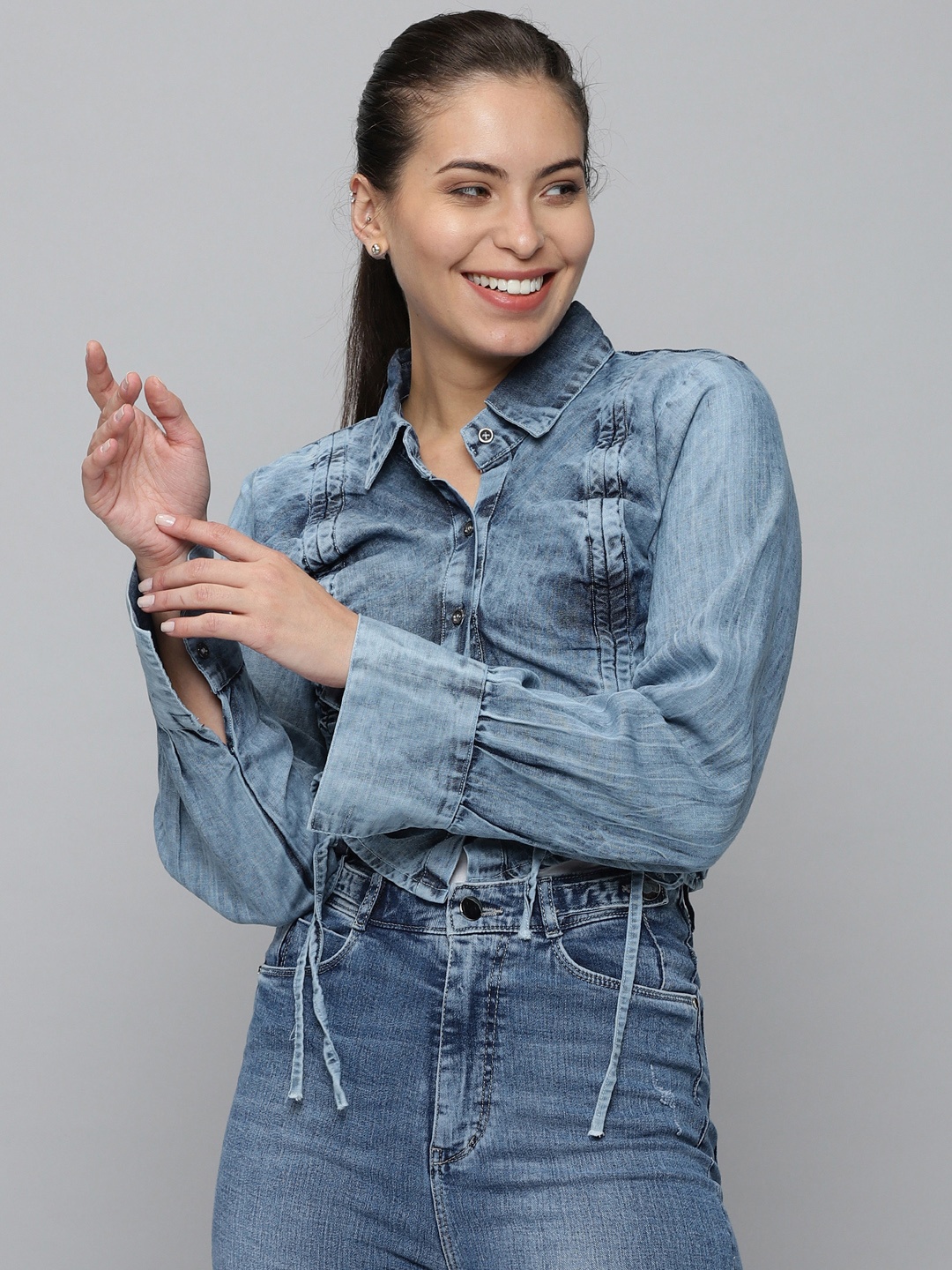 

SHOWOFF Blue Denim Shirt Style Crop Top
