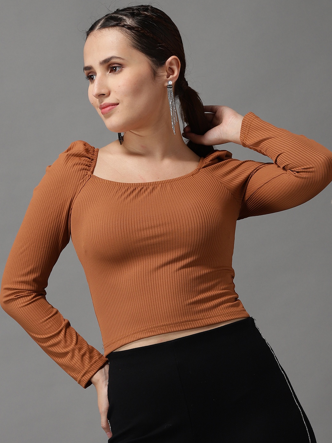 

SHOWOFF Women Square Neck Brown Crop Top