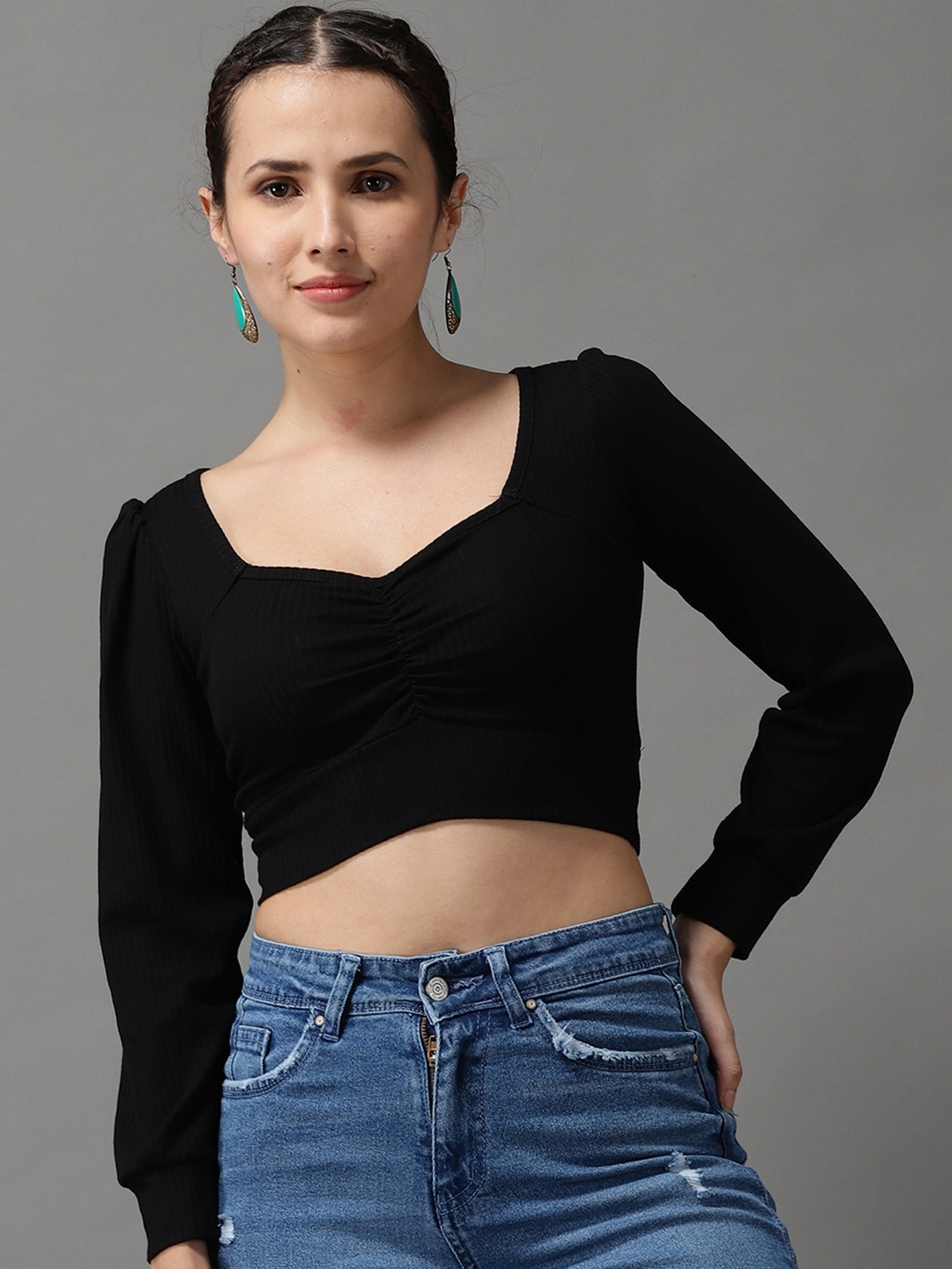 

SHOWOFF Black Sweetheart Neck Crop Top