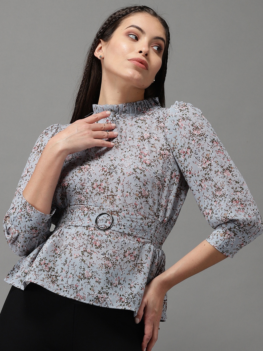 

SHOWOFF Grey & Peach-Coloured Floral Print Georgette Cinched Waist Top