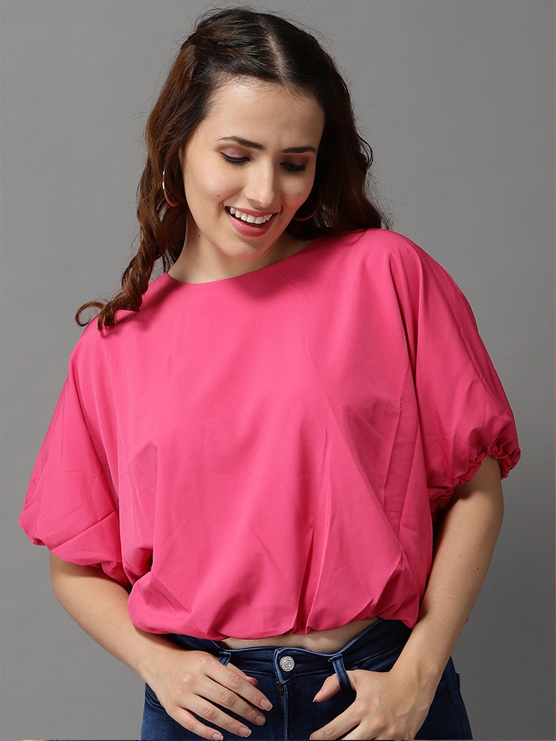 

SHOWOFF Pink Solid Batwing Sleeve Crop Top