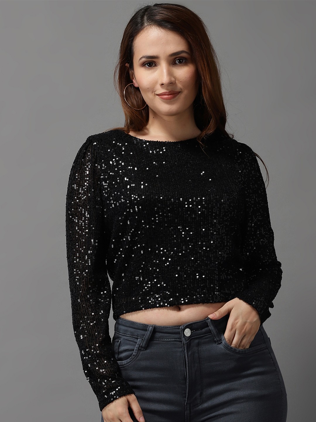 

SHOWOFF Black Embellished Net Crop Top