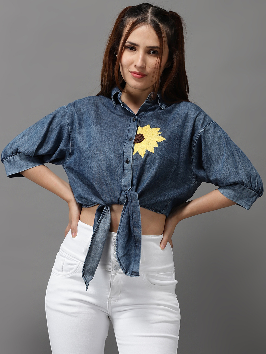 

SHOWOFF Women Blue Floral Denim Shirt Style Crop Top