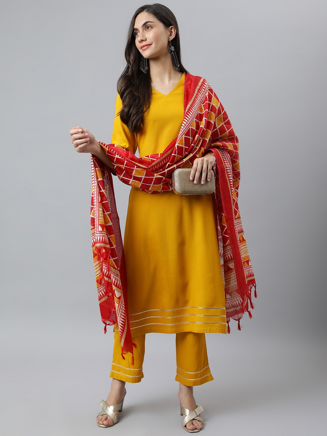 

DEEBACO Women Mustard Yellow Kurti with Trousers & With Dupatta