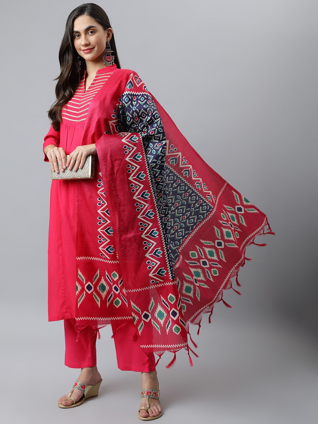 

DEEBACO Women Pink Yoke Design Kurta with Trousers & With Dupatta