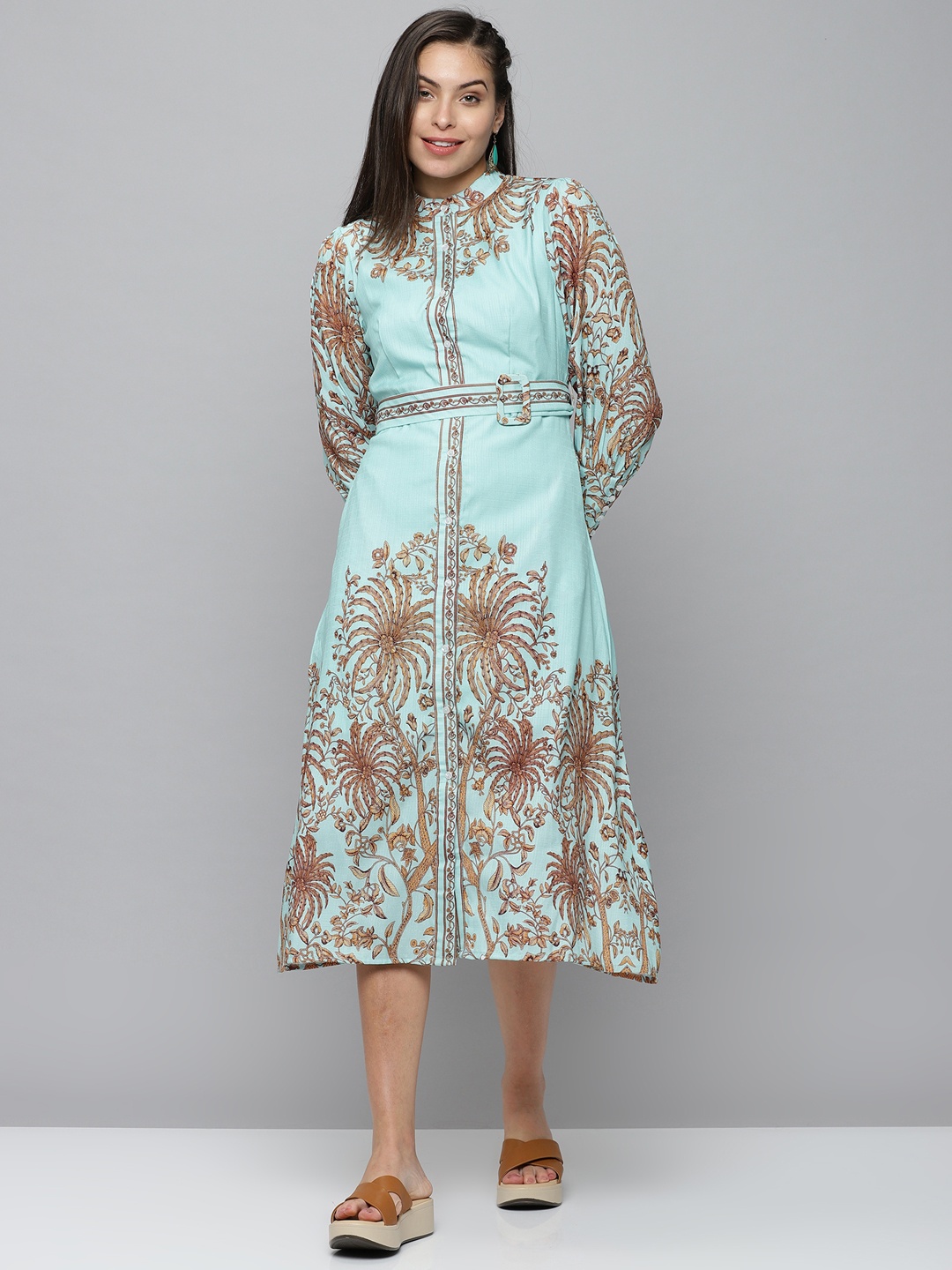 

SHOWOFF Women Turquoise Blue Floral Printed Midi Dress