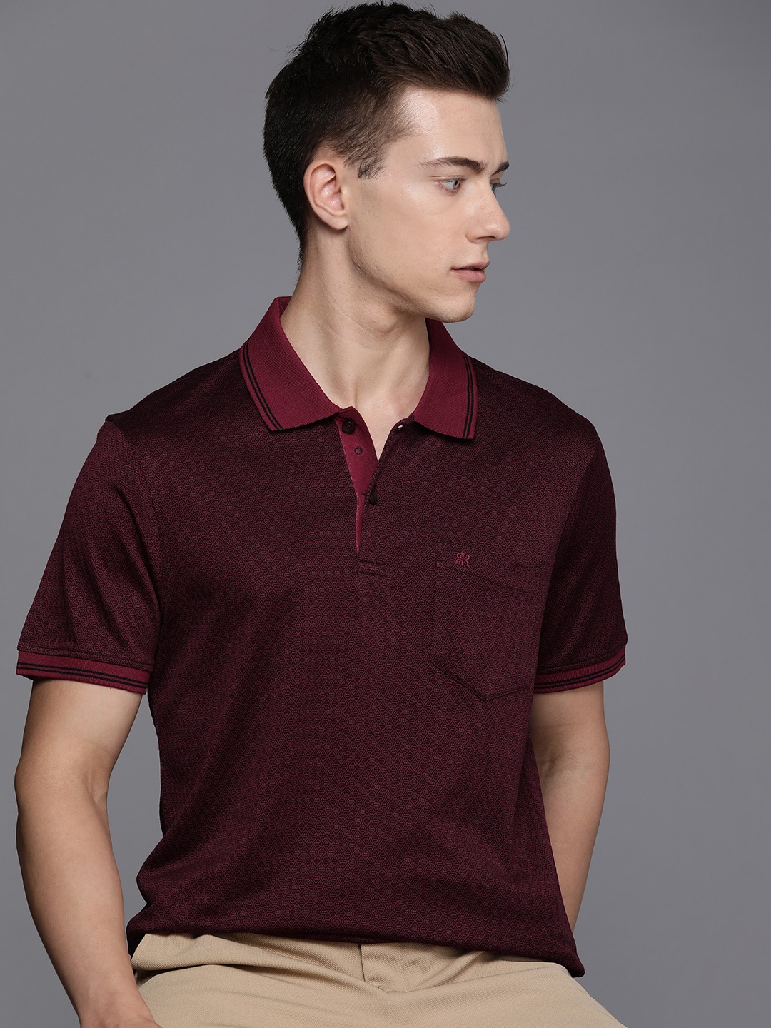 

Raymond Self Design Polo Collar Pure Cotton Pockets T-shirt, Maroon