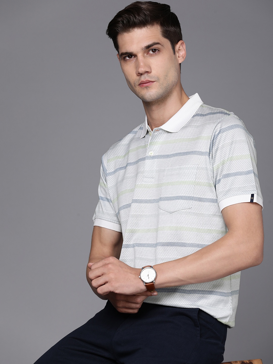 

Raymond Men Striped Polo Collar Pure Cotton T-shirt, Grey melange