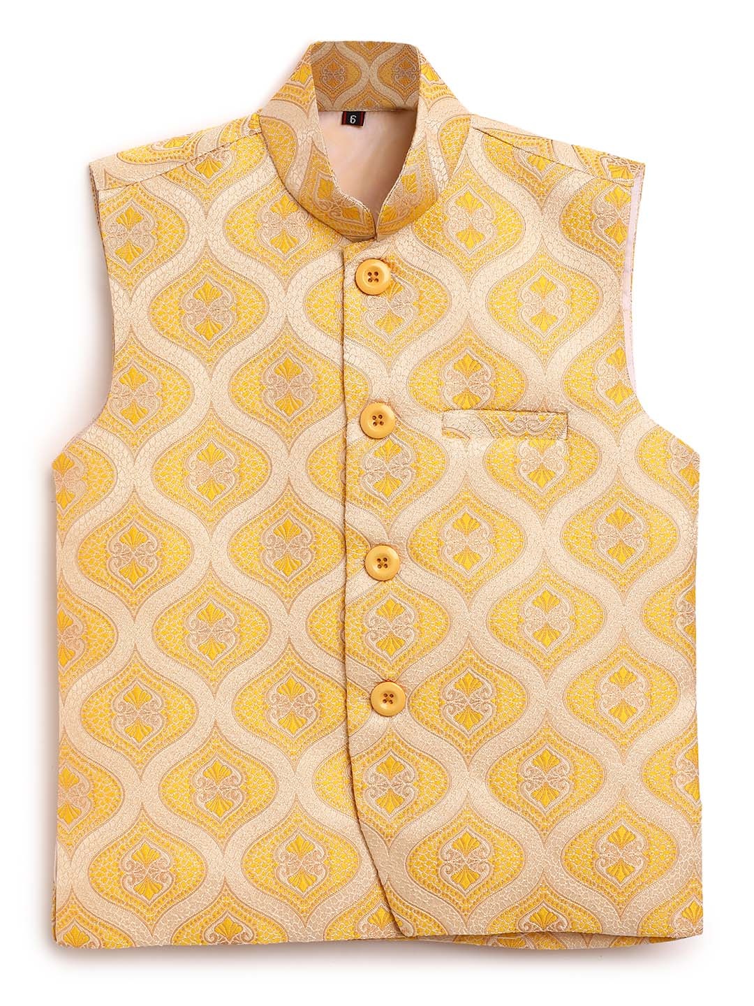 

Aj DEZInES Boys Yellow Jacquard Woven Design Nehru Jacket