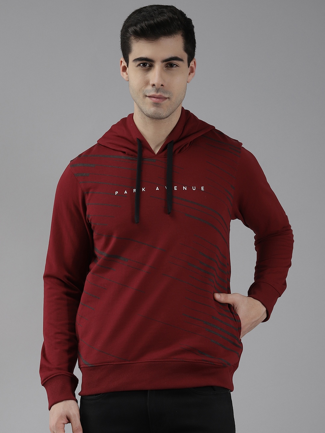 

Park Avenue Men Maroon & Black Striped Sweatshirt