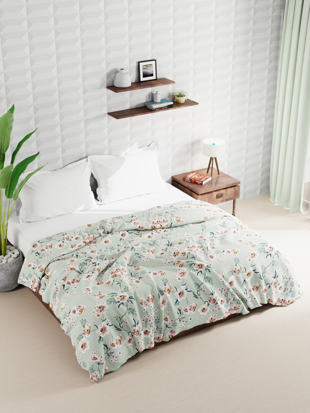

BIANCA Green & White Floral Microfiber AC Room 120 GSM Double Bed Quilt