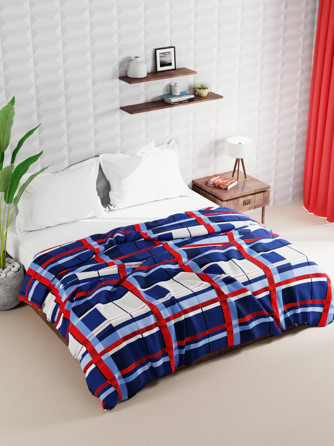 

BIANCA Blue & Red Checked Microfiber AC Room Double Bed Quilt