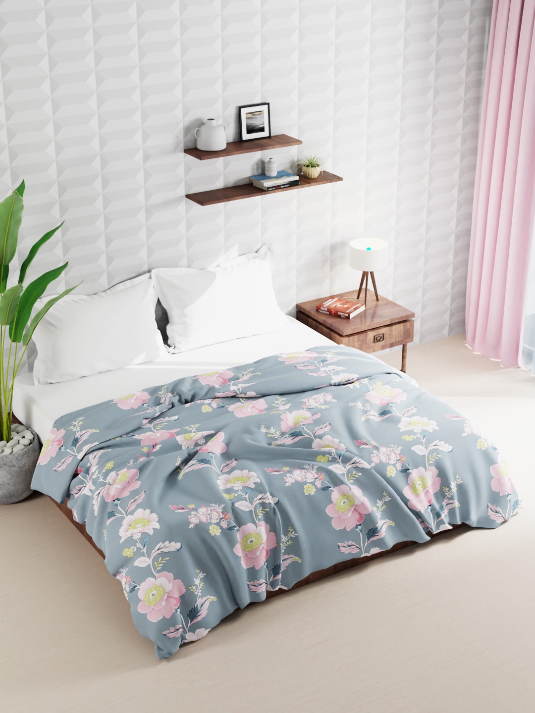 

BIANCA Grey & White Floral Microfiber AC Room Double Bed Quilt