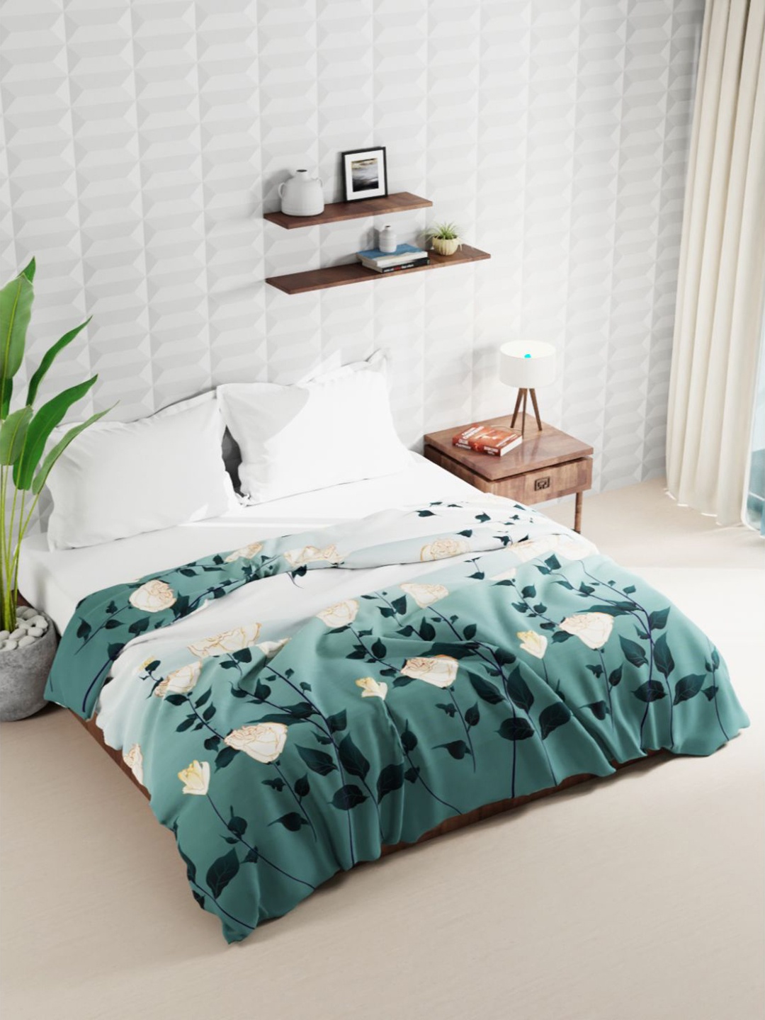 

BIANCA Green & Cream-Coloured Floral Microfiber AC Room 120 GSM Double Bed Quilt