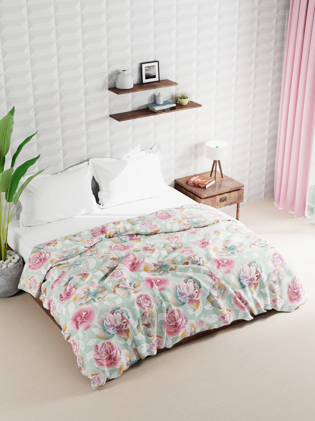 

BIANCA Green & Peach-Coloured Floral Microfiber AC Room 120 GSM Double Bed Quilt