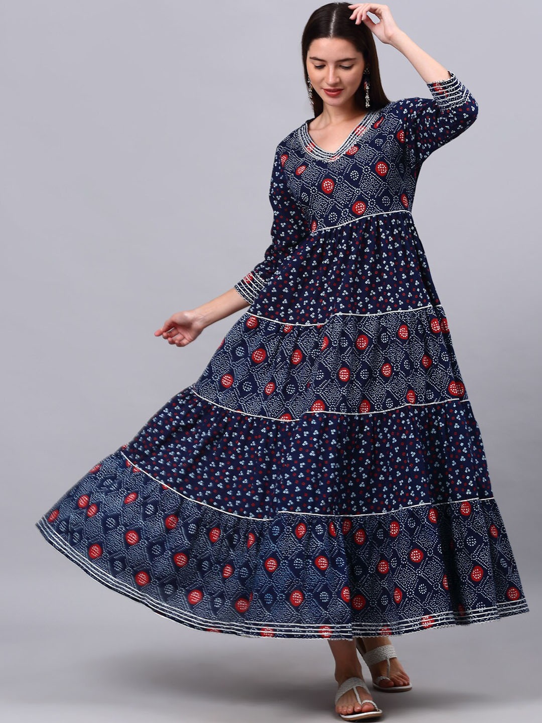 

Assamica Women Navy Blue Bandhani Printed Indie Prints Anarkali Kurta