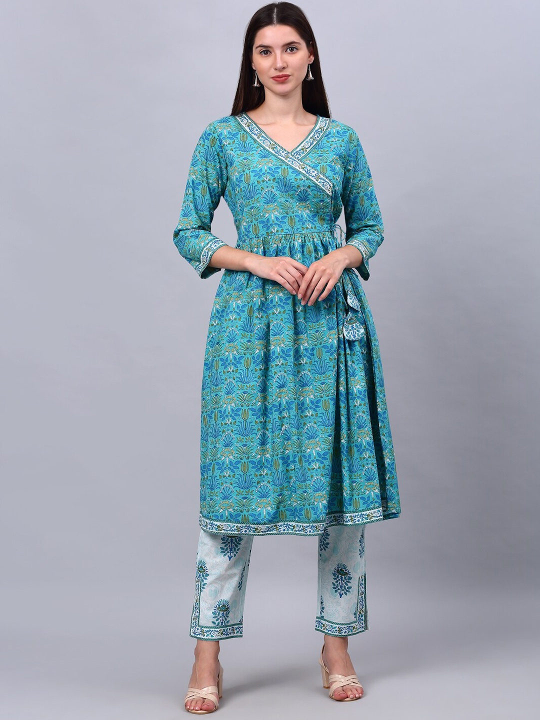 

Assamica Women Turquoise Blue Ethnic Motifs Printed Angrakha Pure Cotton Kurta with Trousers