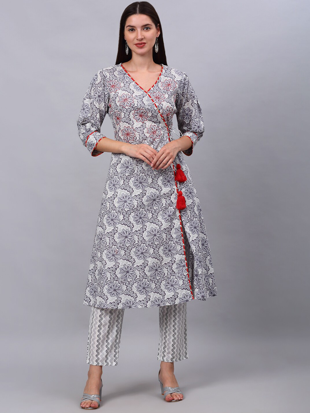 

Assamica Women Grey Floral Printed Angrakha Pure Cotton Kurta with Trousers & With Dupatta