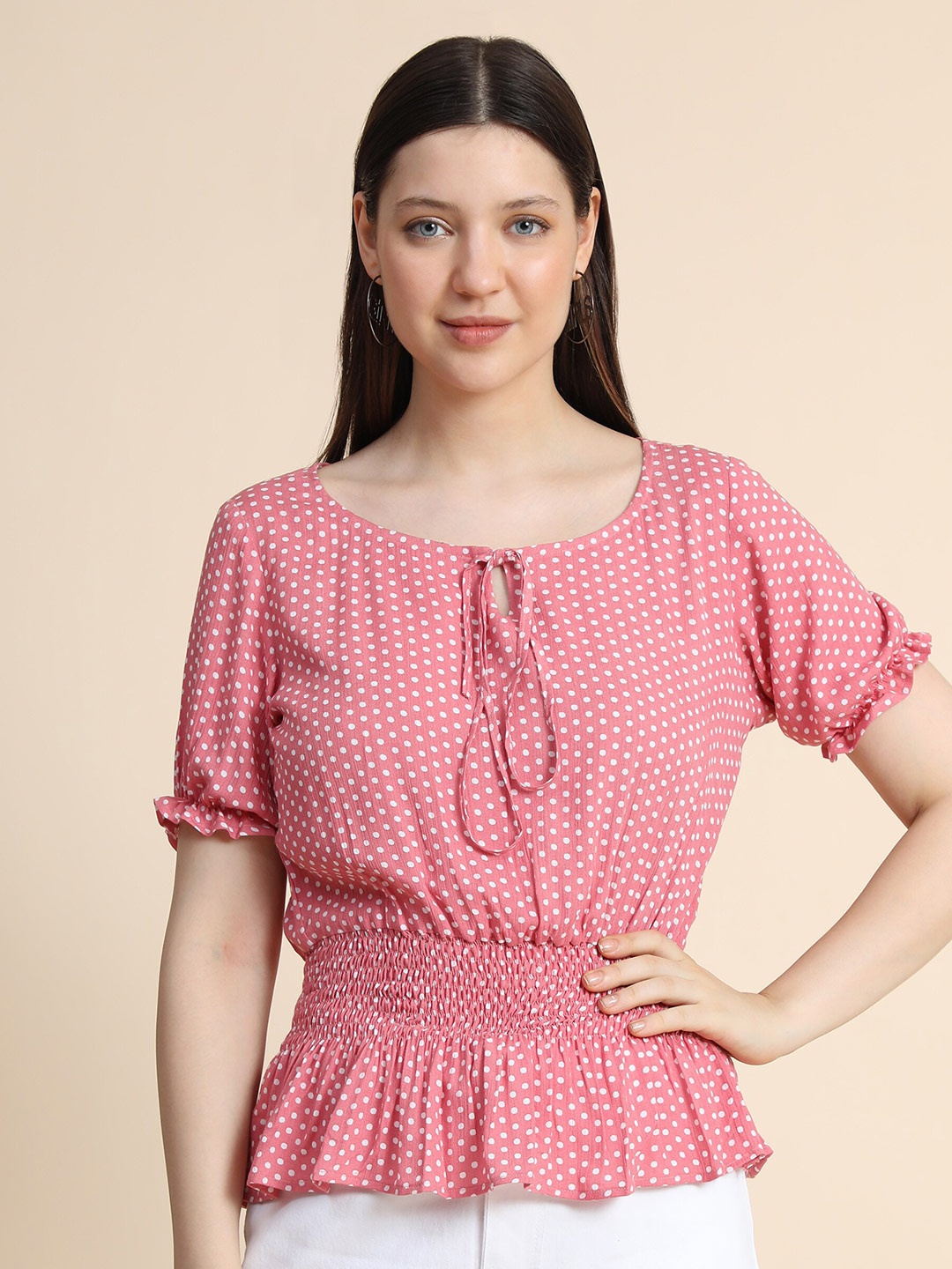 

KERI PERRY Women Baby Pink Polka Dots Printed Cinched Waist Top