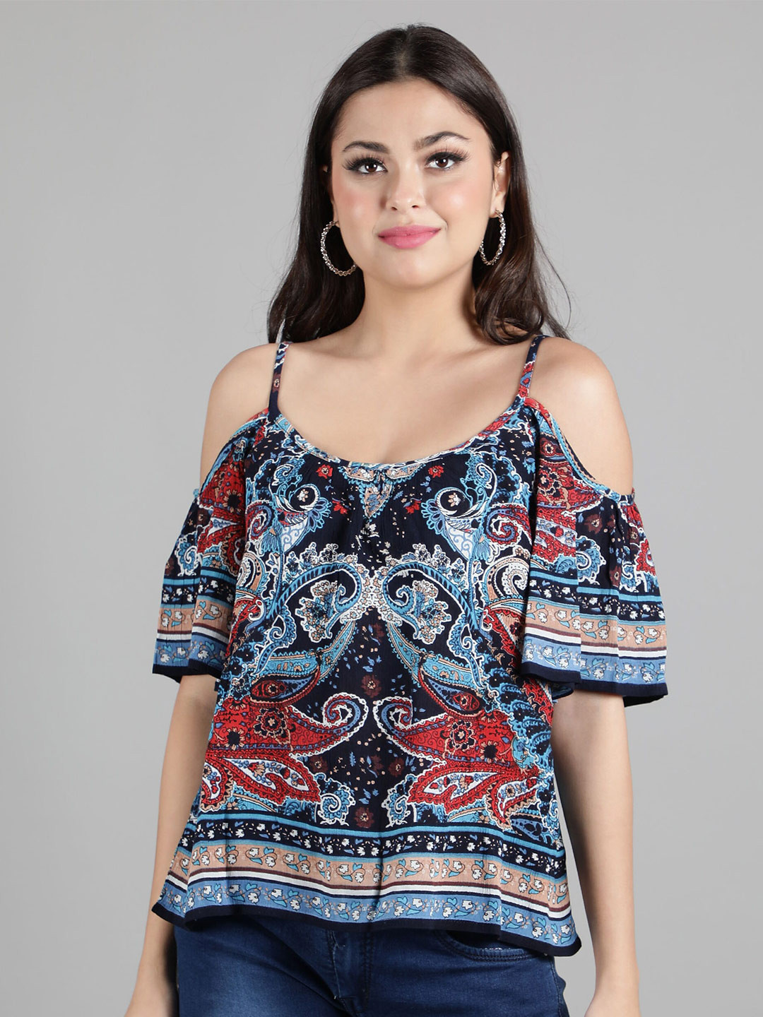 

DEBONATELLA Navy Blue & Black Print Crepe Top