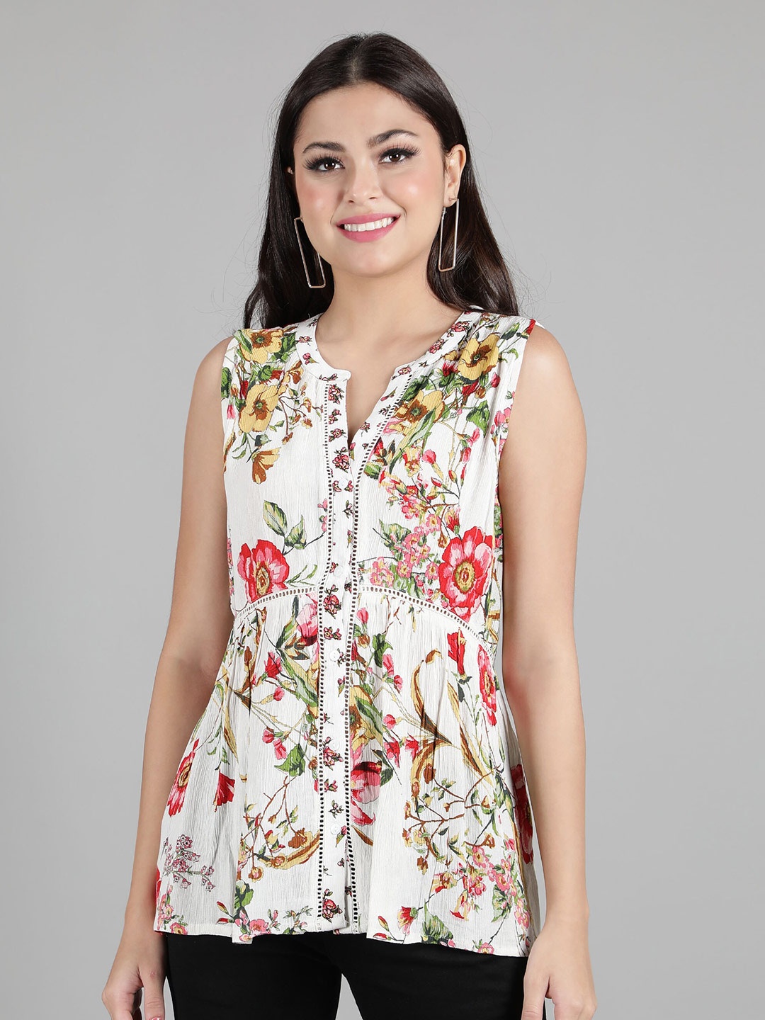 

DEBONATELLA White & Peach-Coloured Floral Print Sheen Crepe Longline Top