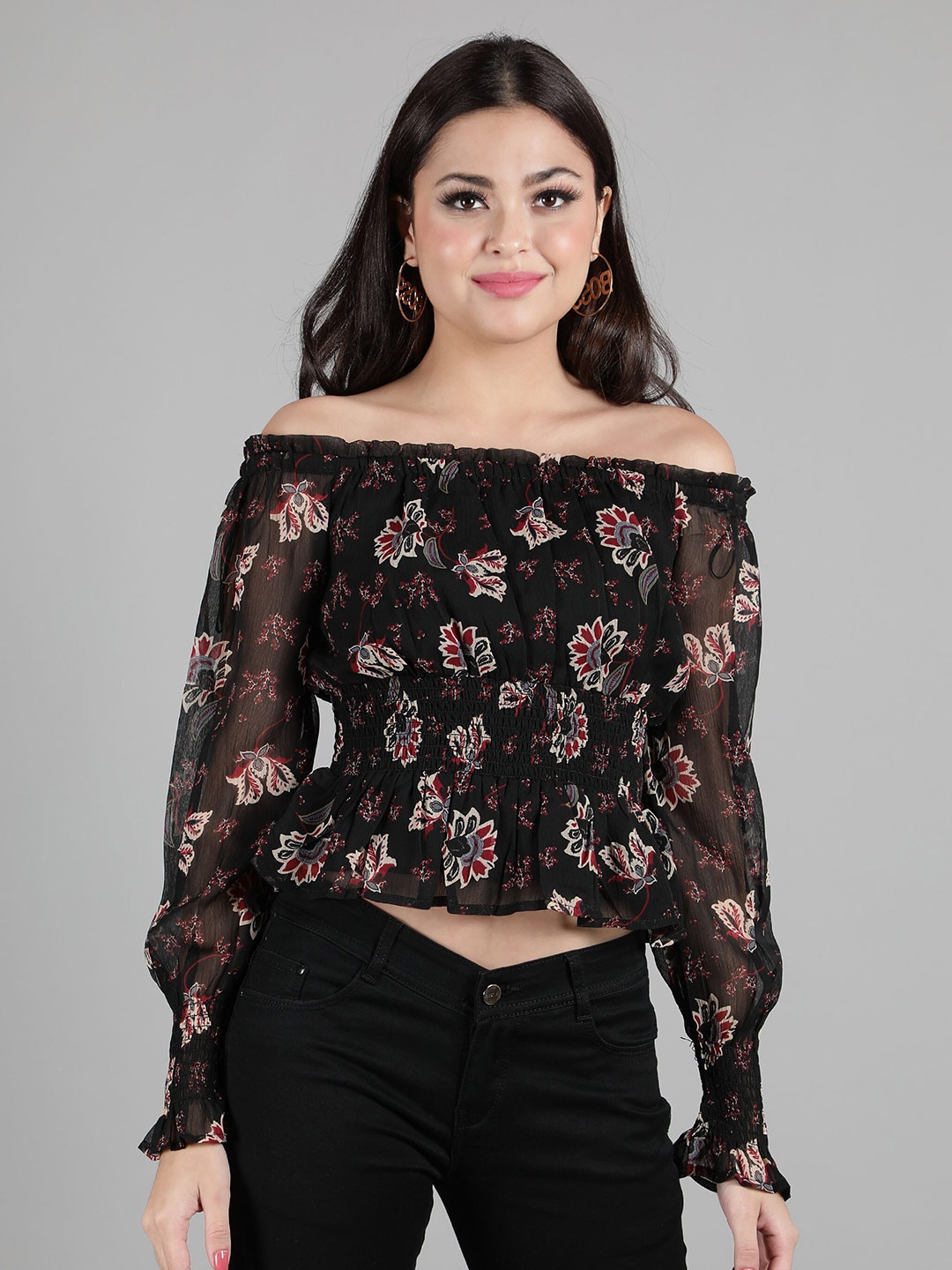 

DEBONATELLA Black & Red Floral Print Off-Shoulder Georgette Bardot Crop Top
