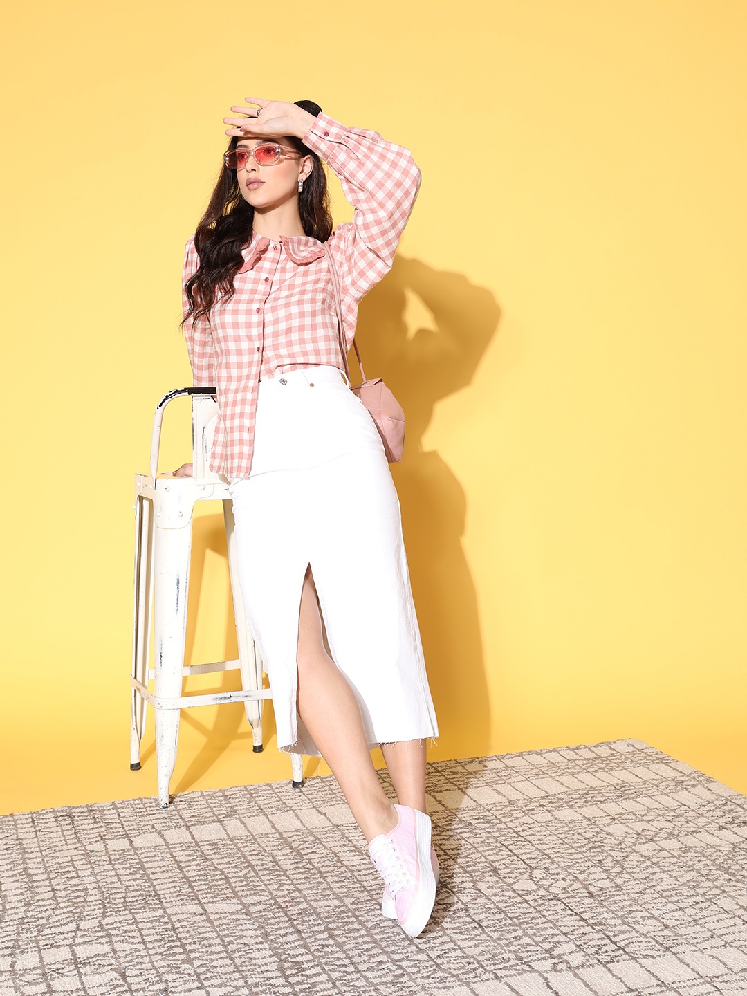 

plusS Women Pink Buffalo Checks Statement Collar Shirt
