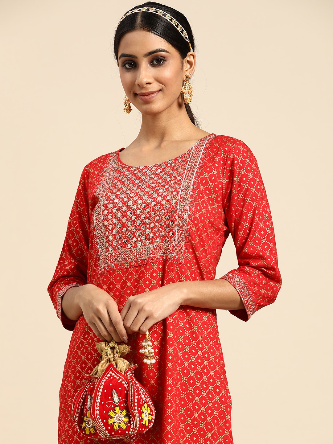 

Sangria Women Red & Golden Bandhani Embroidered Foil Print Kurta