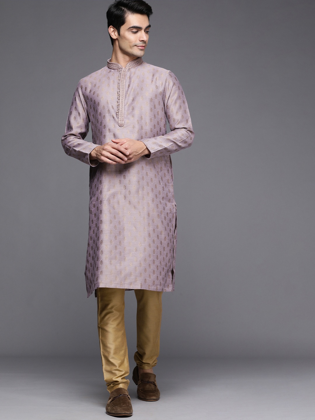 

Manyavar Men Purple & Beige Ethnic Motifs Woven Design Kurta with Churidar