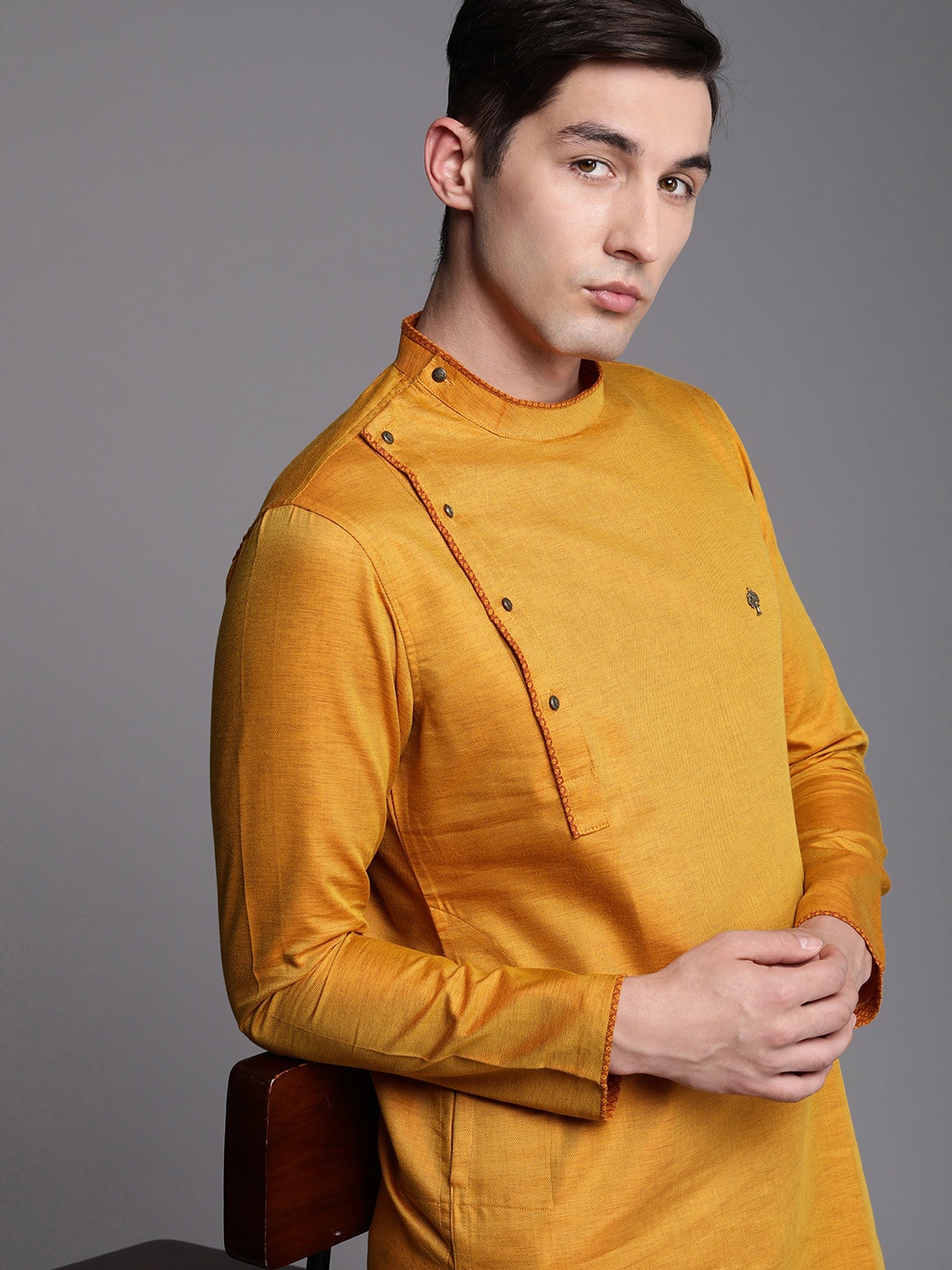 

Manyavar Men Mustard Yellow Cotton Kurta
