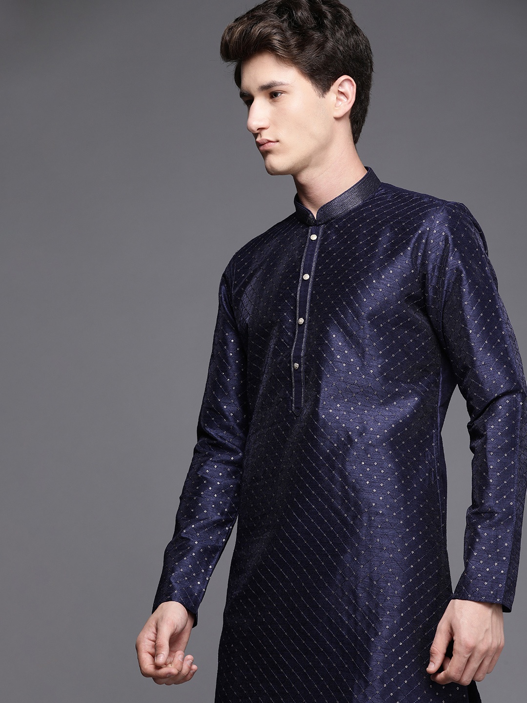 

Manyavar Men Navy Blue & Golden Ethnic Motifs Embroidered Sequinned Kurta with Churidar