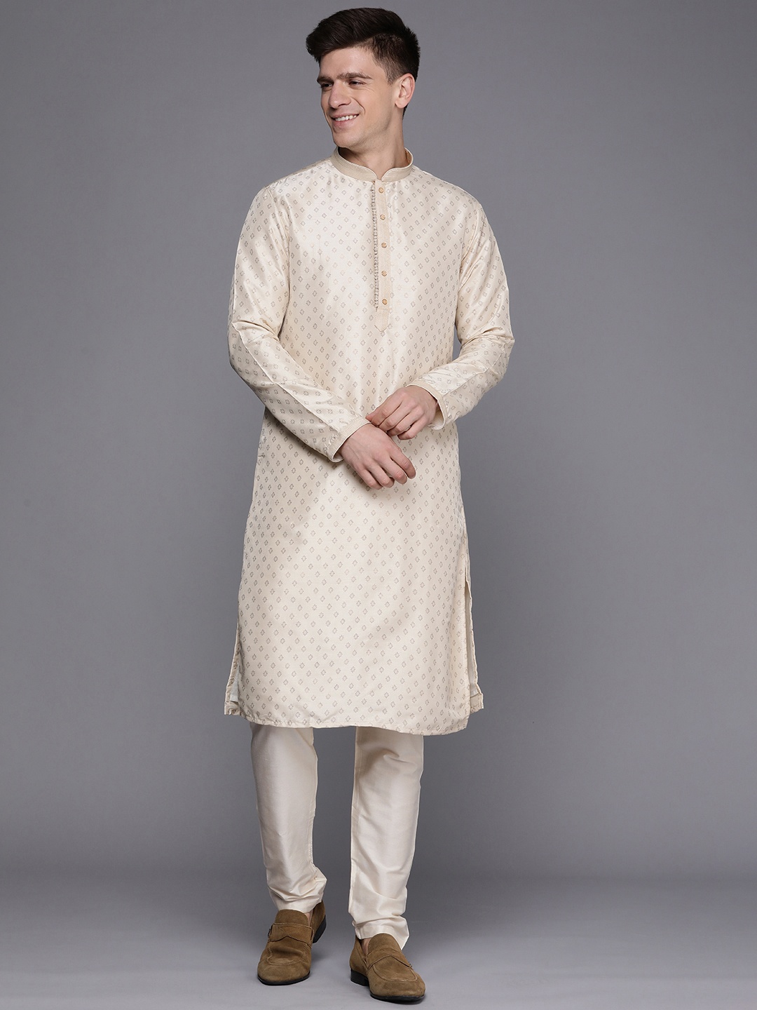 

Manyavar Men Beige Art Silk Printed Kurta With Pyjamas