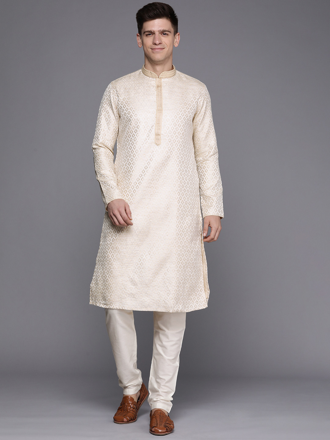 

Manyavar Men Beige Art Silk Kurta with Pyjamas