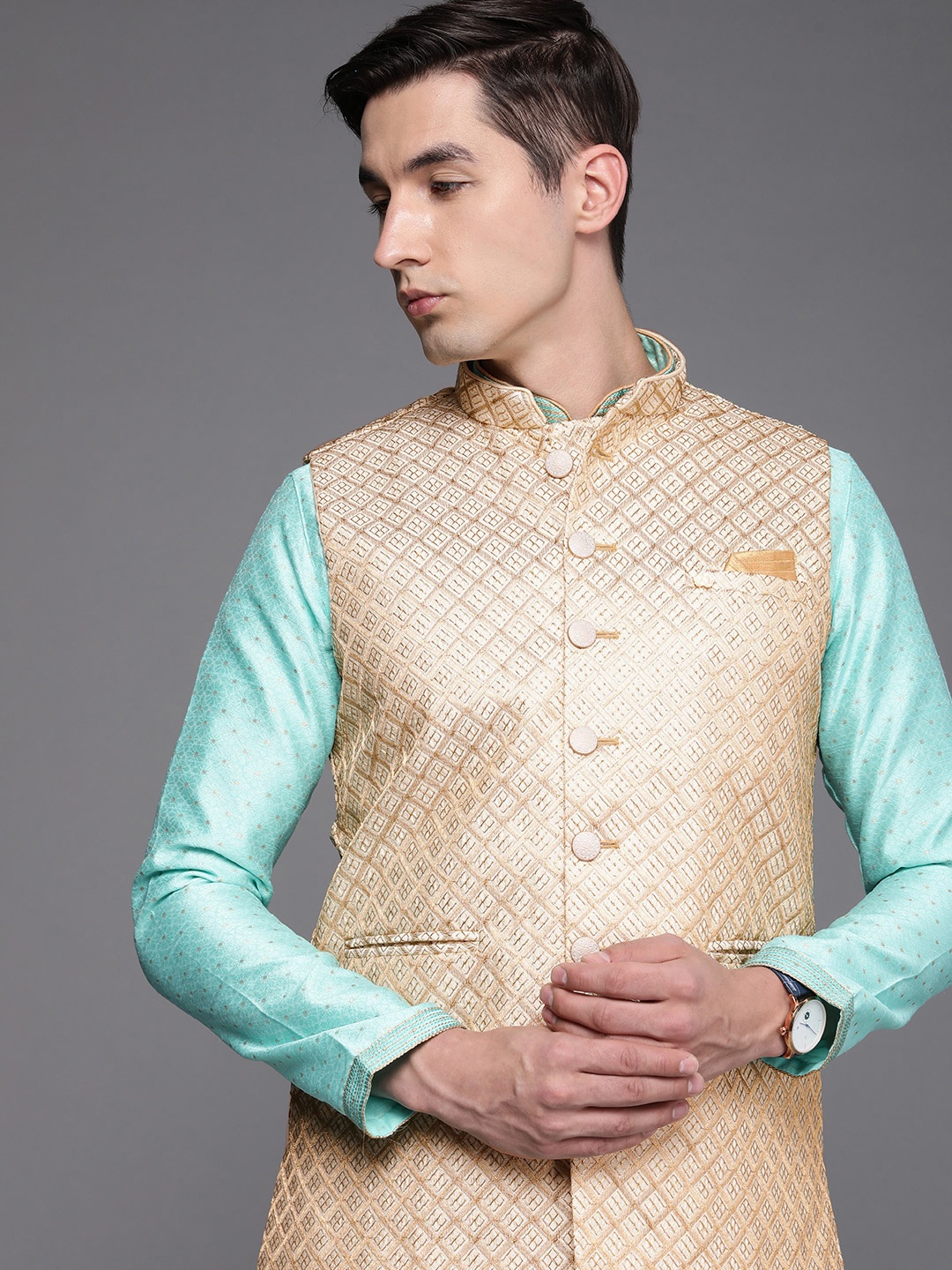 

Manyavar Cream-Coloured Woven Design Nehru Jacket